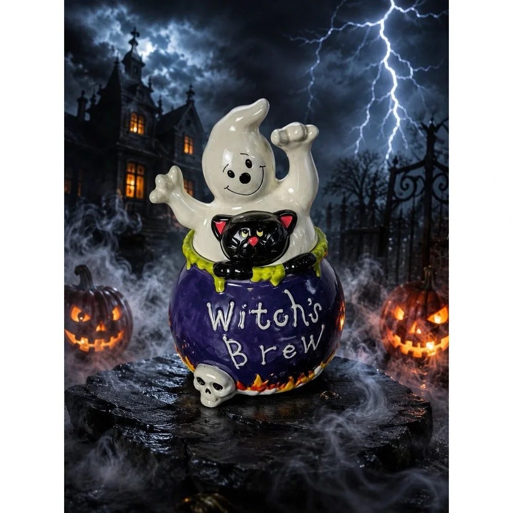 David's Cookies Halloween Witch's Brew Cauldron Cookie Jar Ghost Black Cat Skull